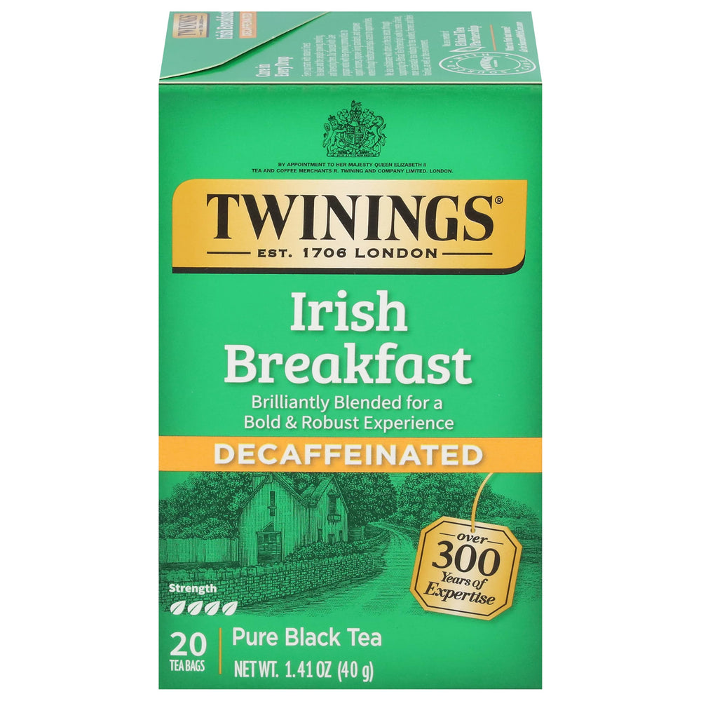 Twinings Decaf Irish Breakfast tea bags on display, convenient for anytime tea.