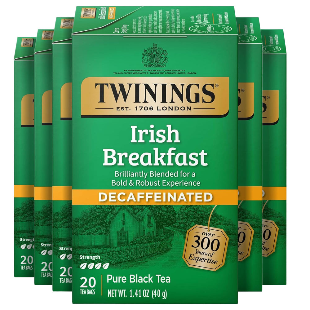Twinings Decaf Irish Breakfast tea bags in packaging, convenient daily ritual.