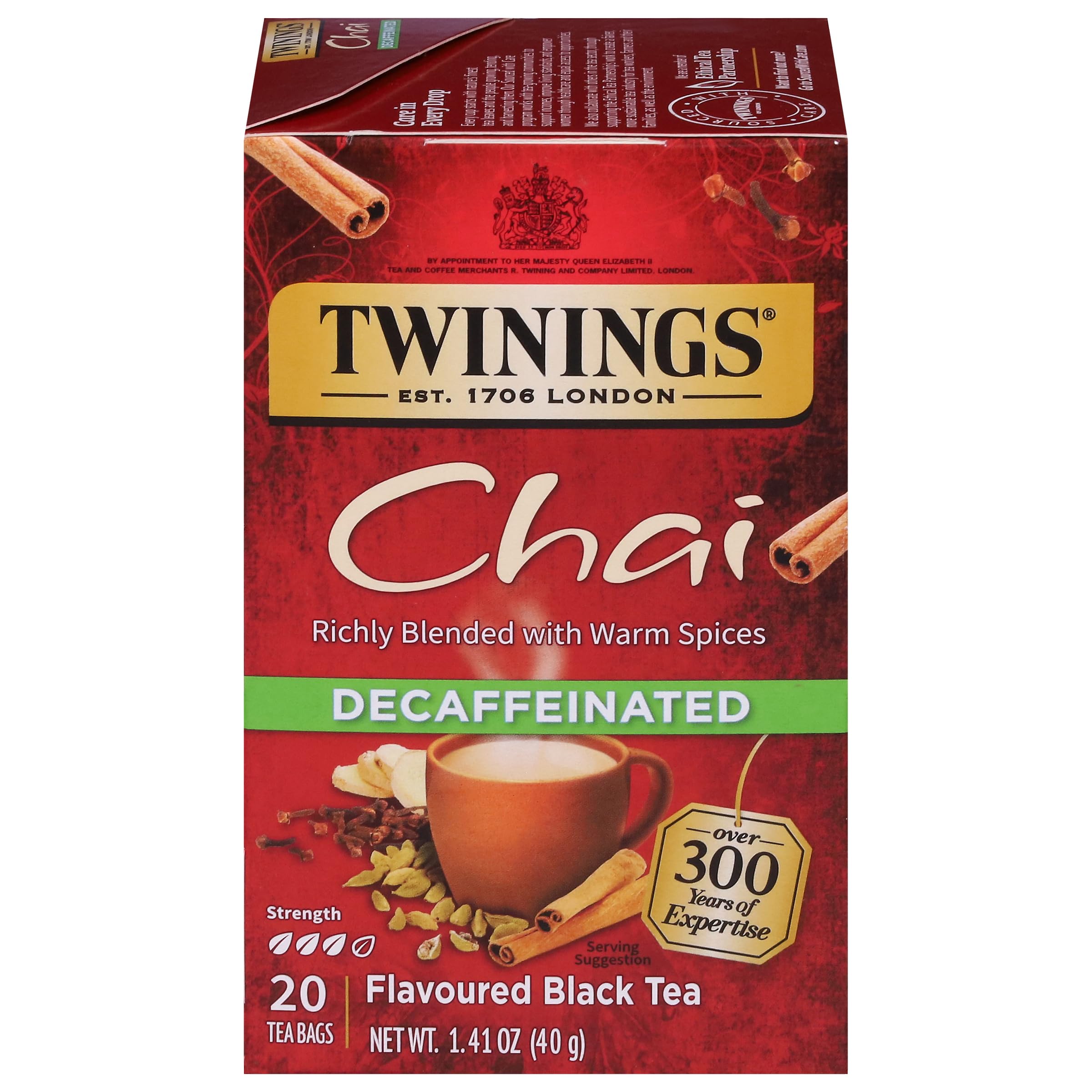 Twinings decaffeinated chai tea bags packaging showing convenient freshness for on-the-go