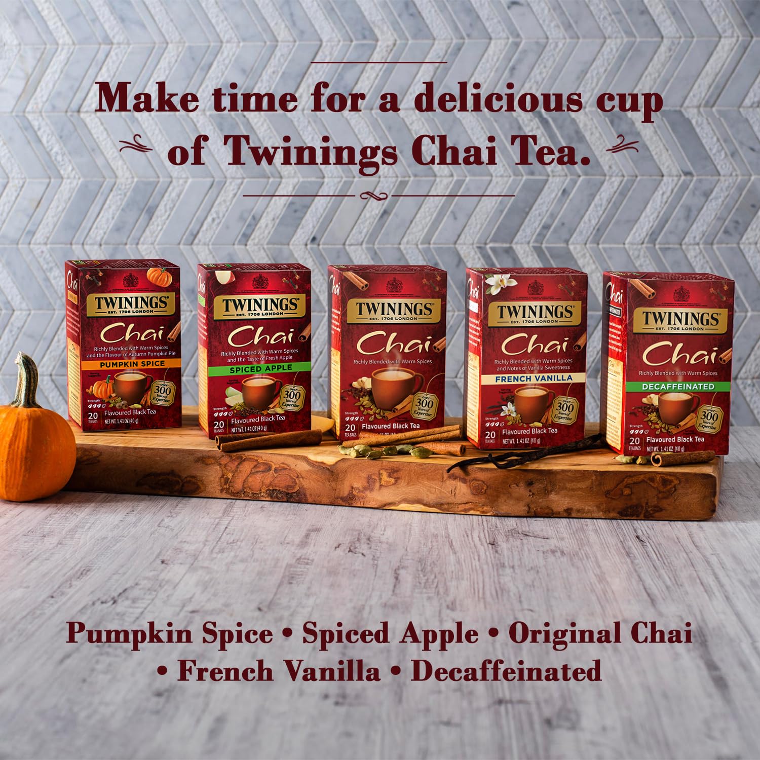 Three-pack Twinings decaffeinated chai tea boxes on display for easy buy