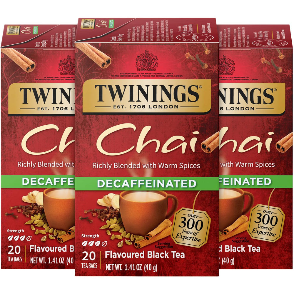 Twinings decaffeinated chai tea pack front, inviting a relaxing moment