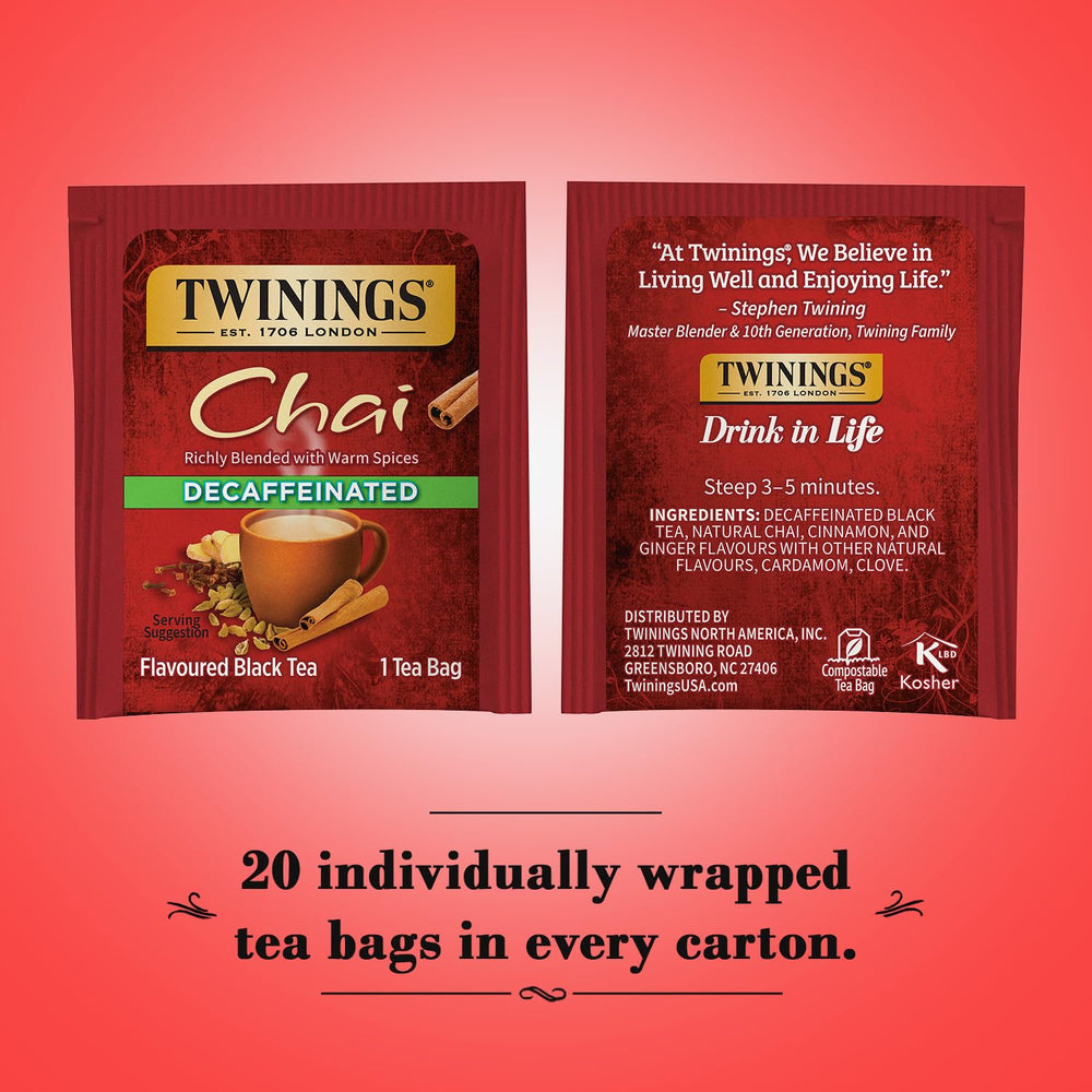 Twinings decaffeinated chai spice blend on shelf, ready to brew