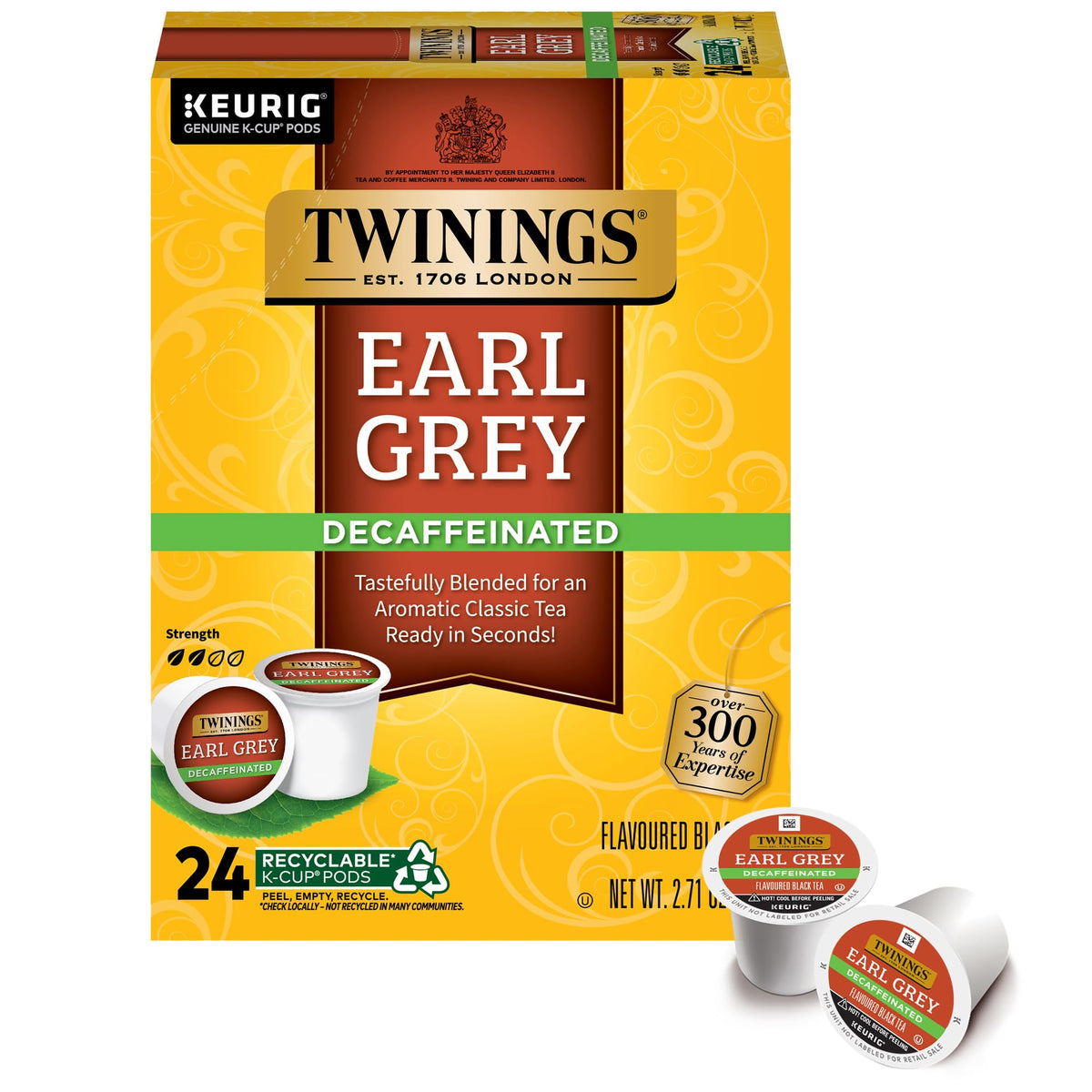 Twinings decaffeinated Earl Grey K-Cup pod for Keurig, caffeine-free flavor.