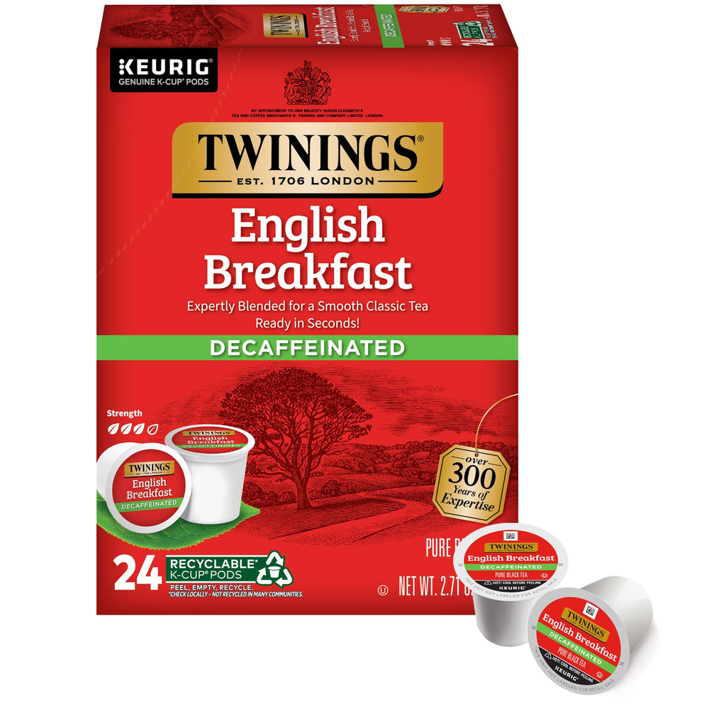 Twinings decaffeinated English Breakfast pods box front for quick mornings