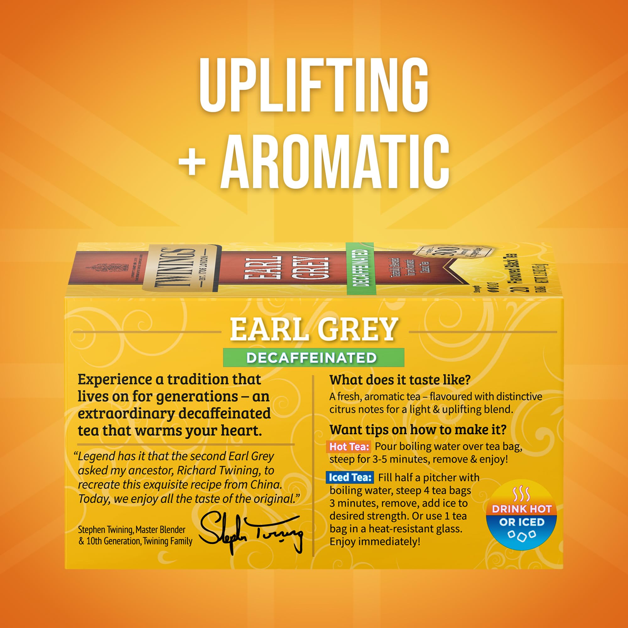 Twinings Earl Grey Decaf tea bags close-up highlighting bergamot and citrus aroma.