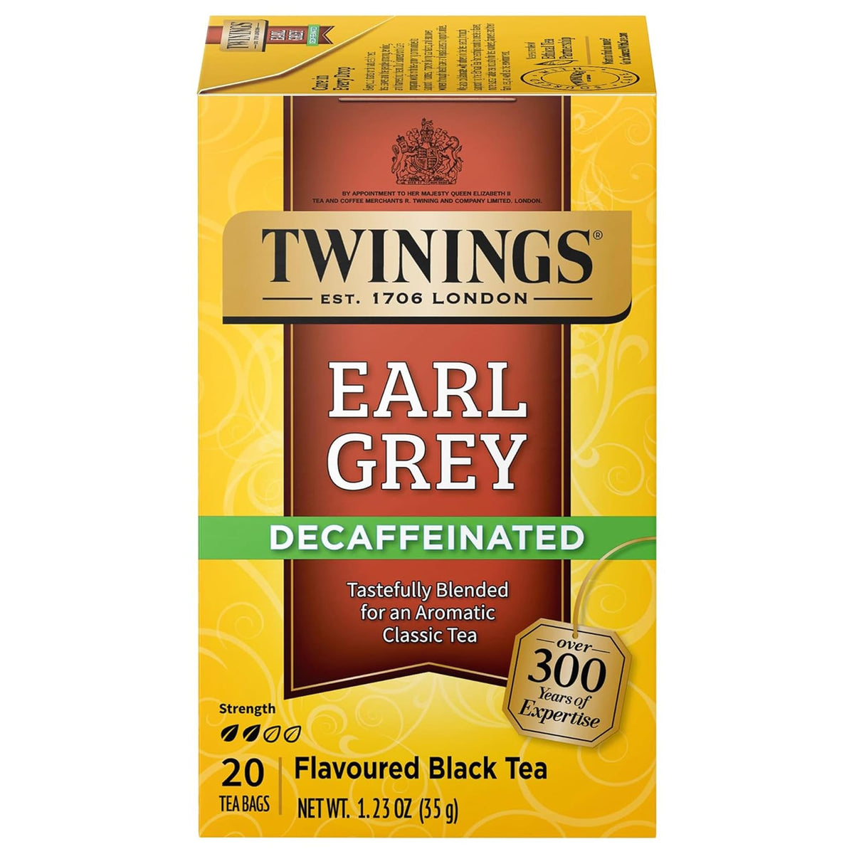 Twinings Earl Grey Decaf tea bags on packaging display for quick, comforting cuppas.