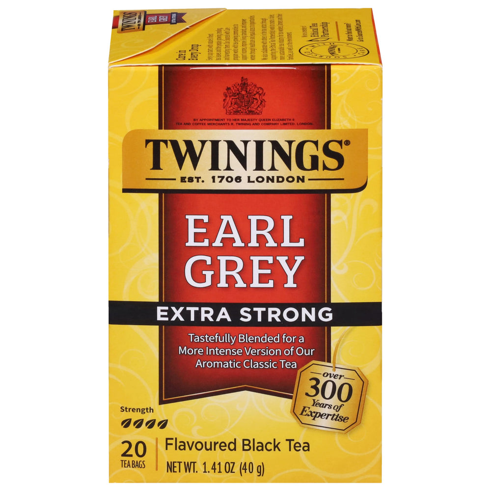 Twinings Earl Grey Extra Strong tea bags in a pack for bold flavor and convenience
