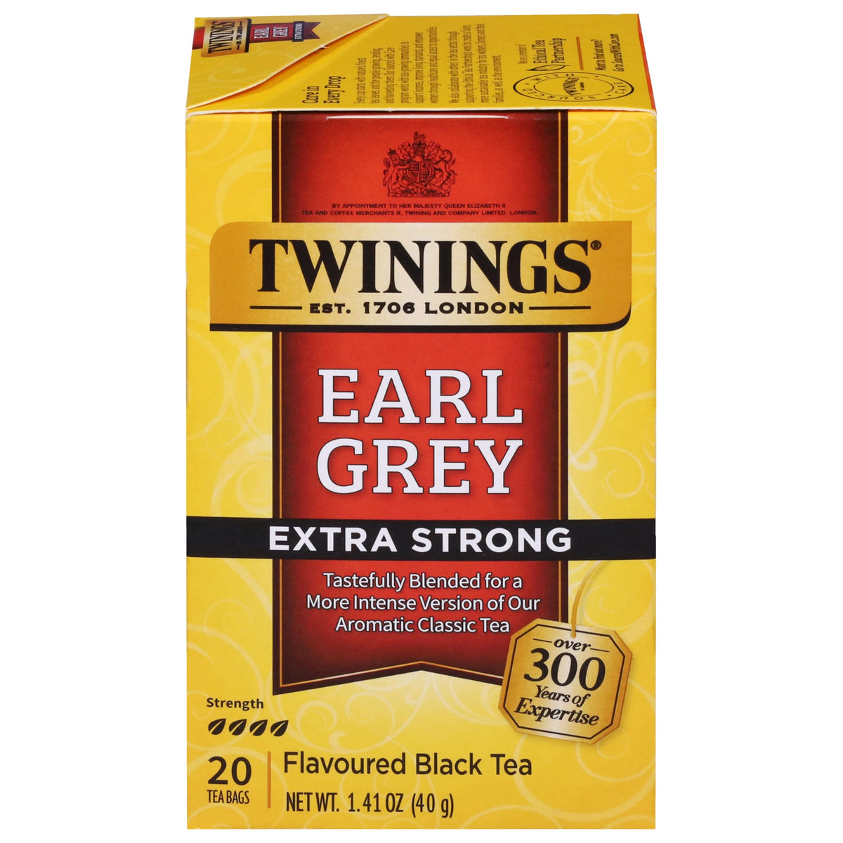 Twinings Earl Grey Extra Strong tea bags in a pack for bold flavor and convenience
