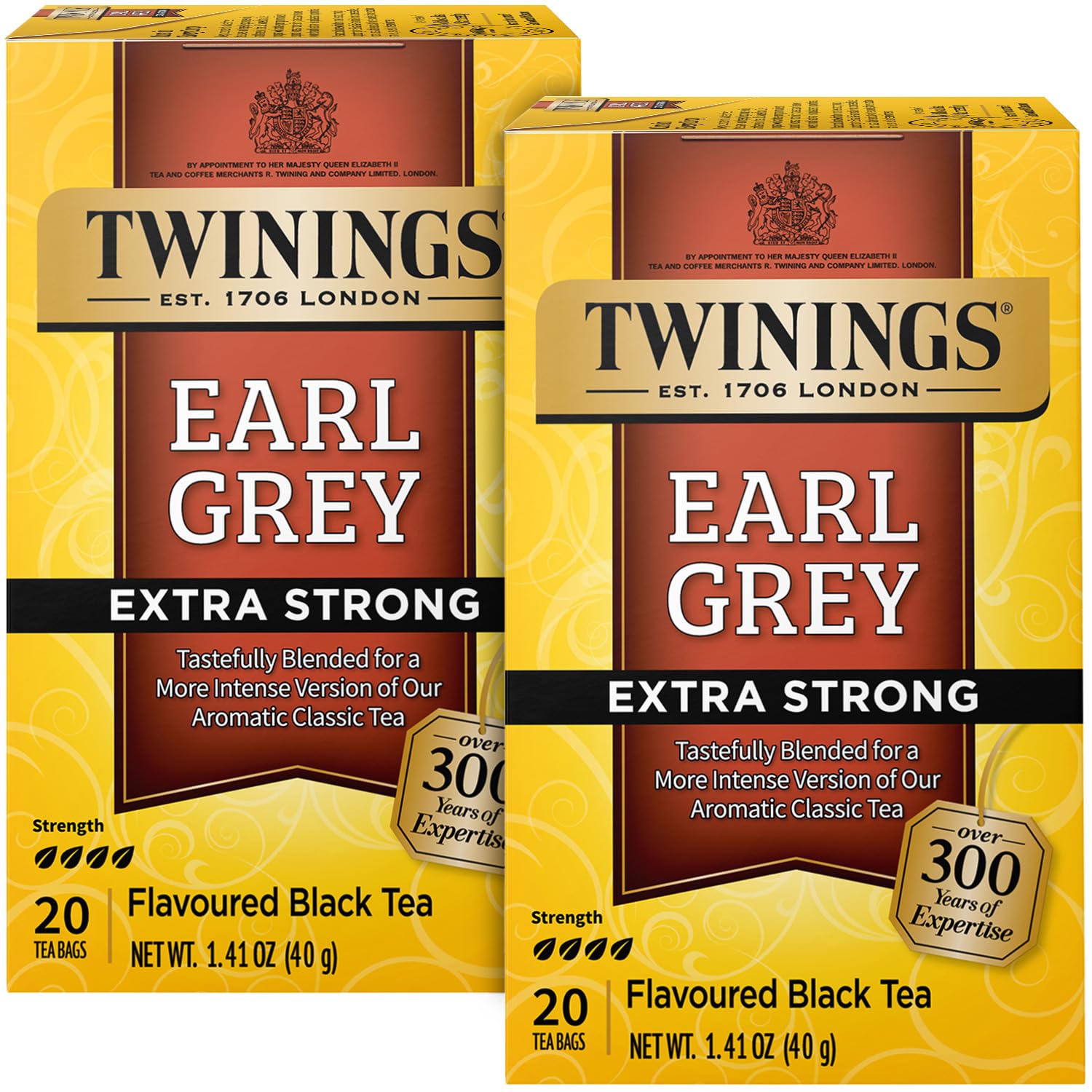 Twinings Earl Grey Extra Strong tea bags deliver bold bergamot flavor.