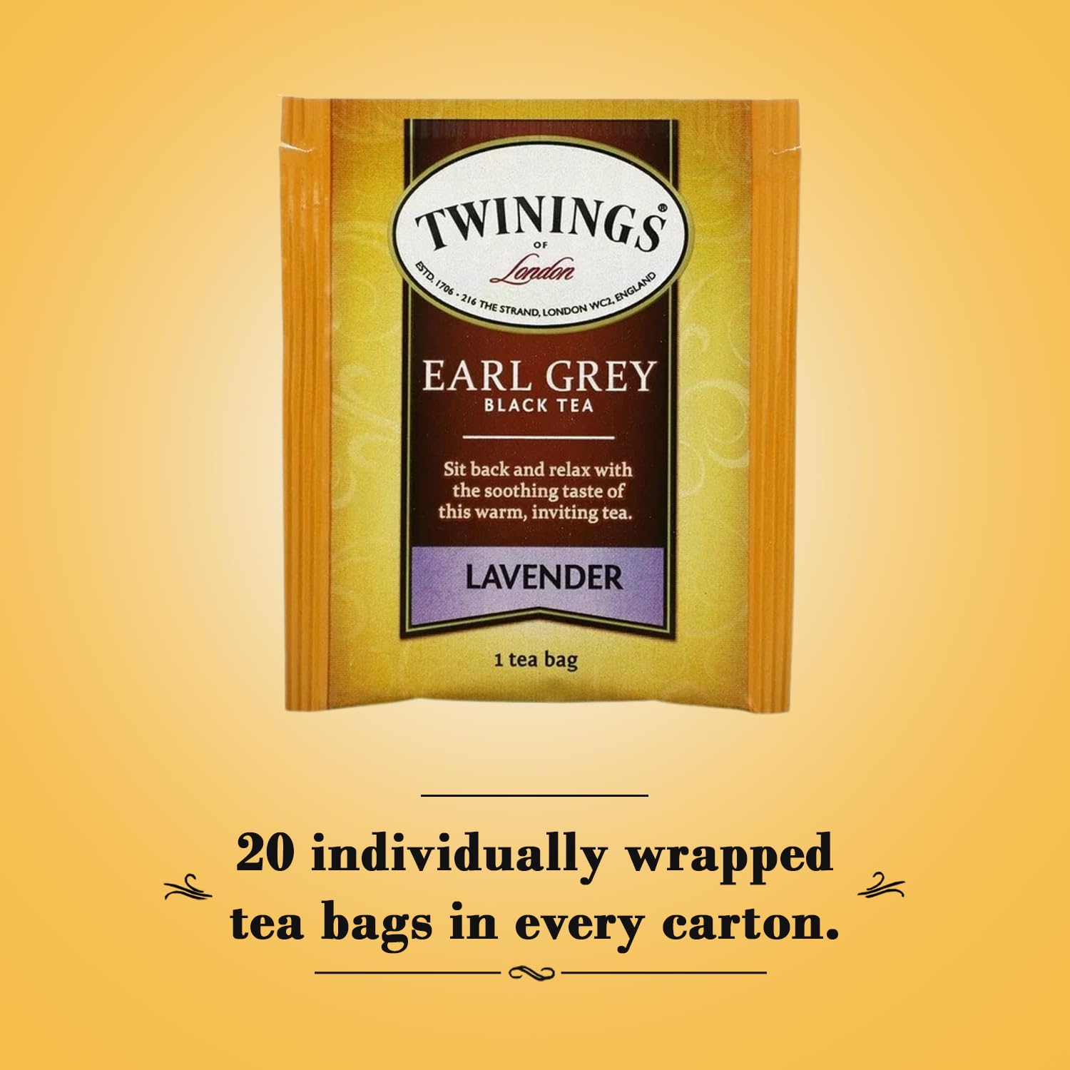 Twinings Earl Grey Lavender tea bags in sealed wrappers ensuring freshness.