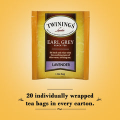 Twinings Earl Grey Lavender tea bags in sealed wrappers ensuring freshness.
