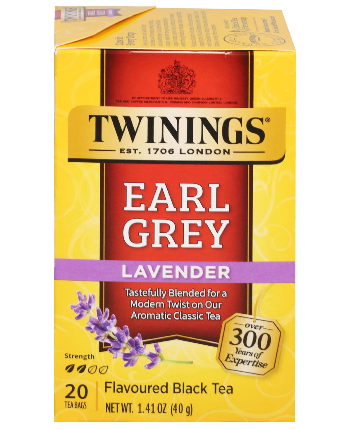 Twinings Earl Grey Lavender tea bags in a 20-pack for easy travel and on-the-go brewing.