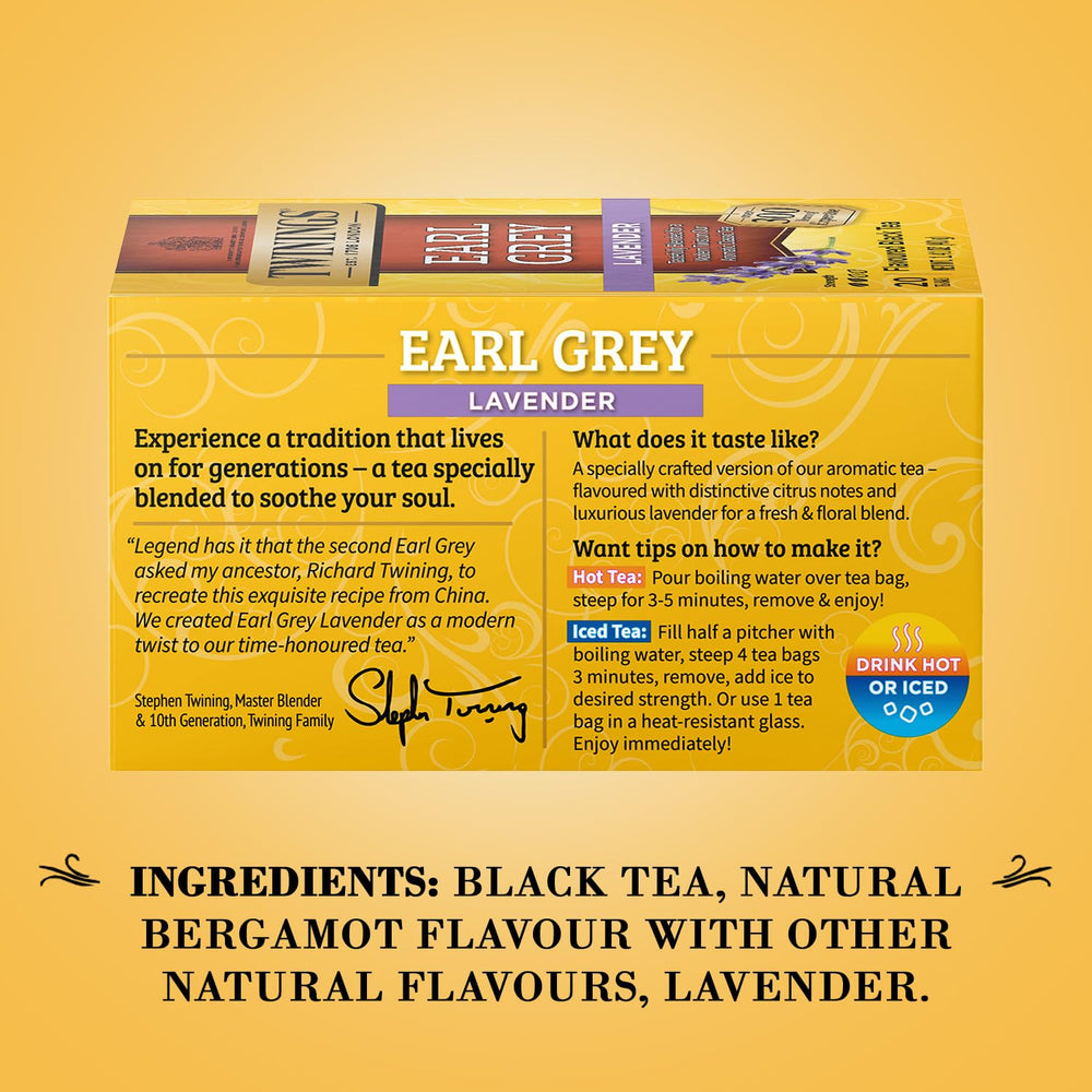 Brewing cup of Twinings Earl Grey Lavender tea with brisk black tea and lavender.