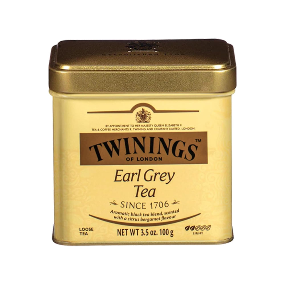 Twinings Earl Grey loose tea tin cap close-up with invigorating bergamot aroma