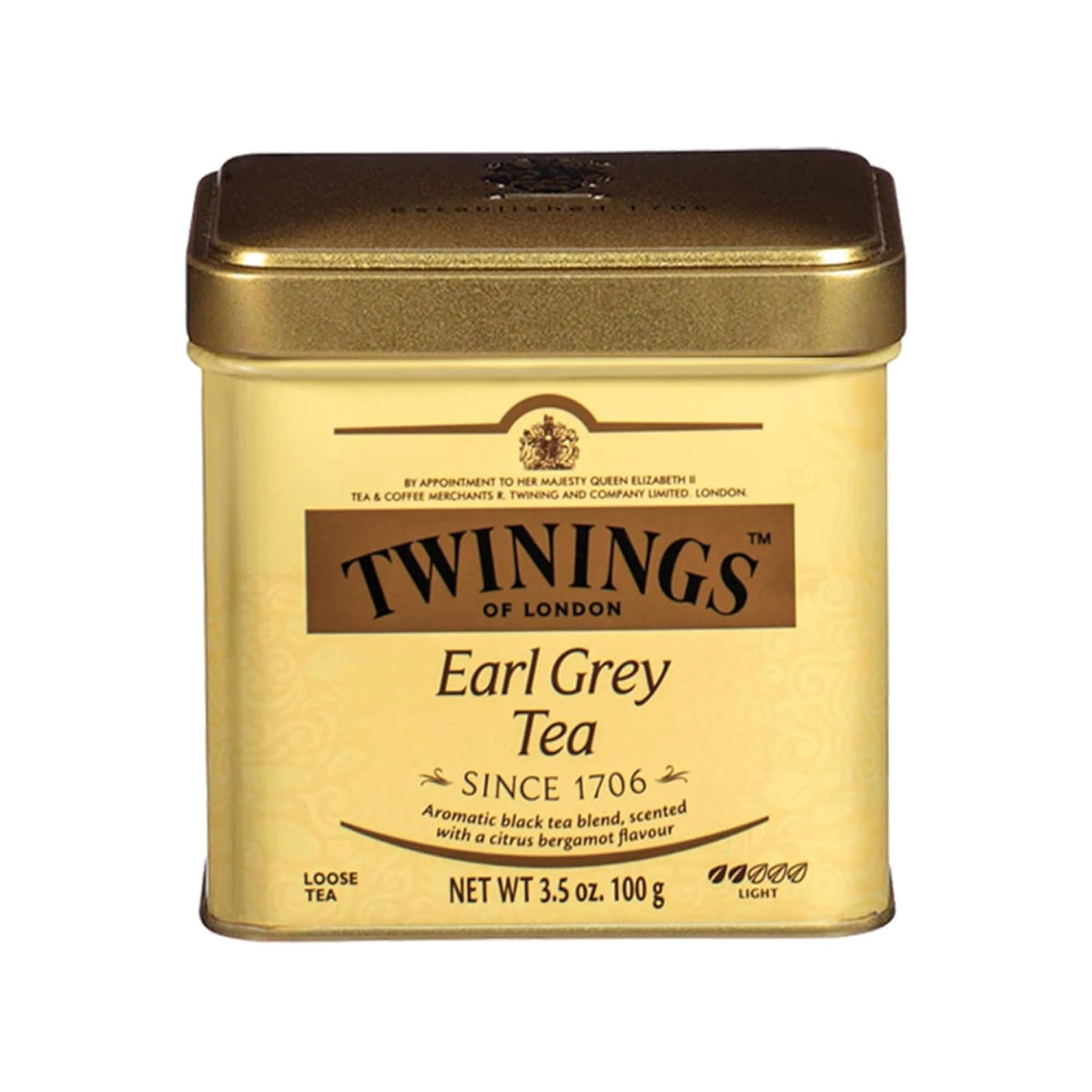 Twinings Earl Grey loose tea tin cap close-up with invigorating bergamot aroma