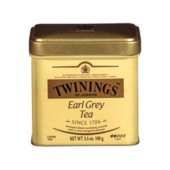 Twinings Earl Grey loose tea tin cap close-up with invigorating bergamot aroma