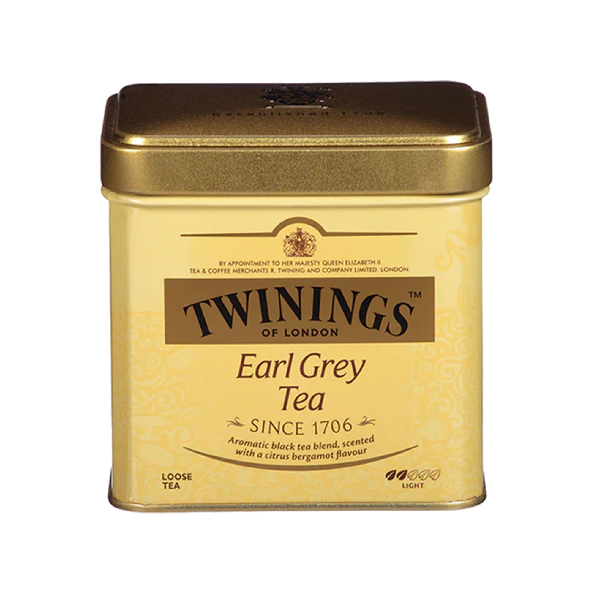 Twinings Earl Grey loose tea in a decorative tin with bergamot aroma