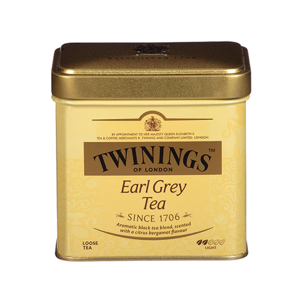 Twinings Earl Grey loose tea in a decorative tin with bergamot aroma