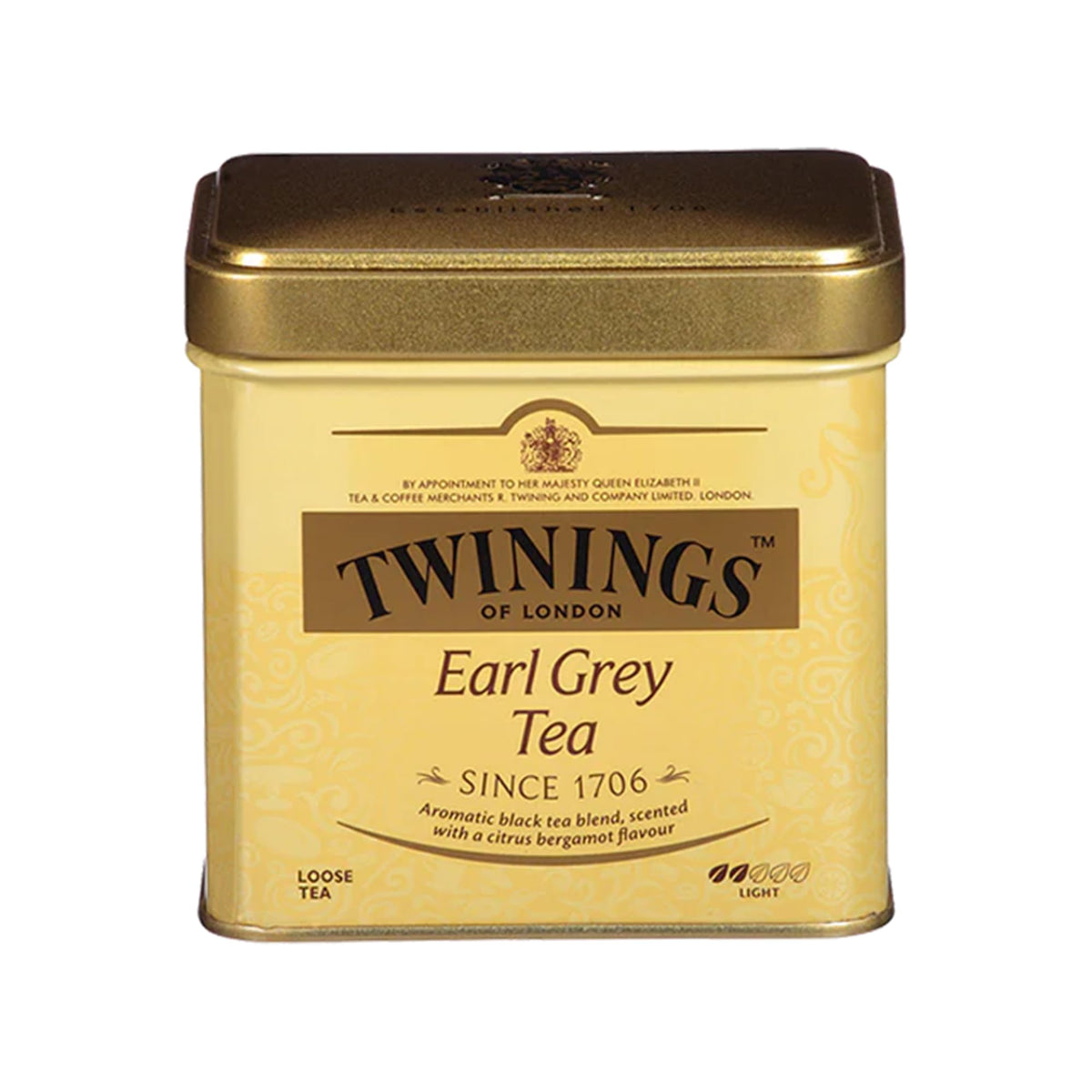 Twinings Earl Grey loose tea in a decorative tin with bergamot aroma