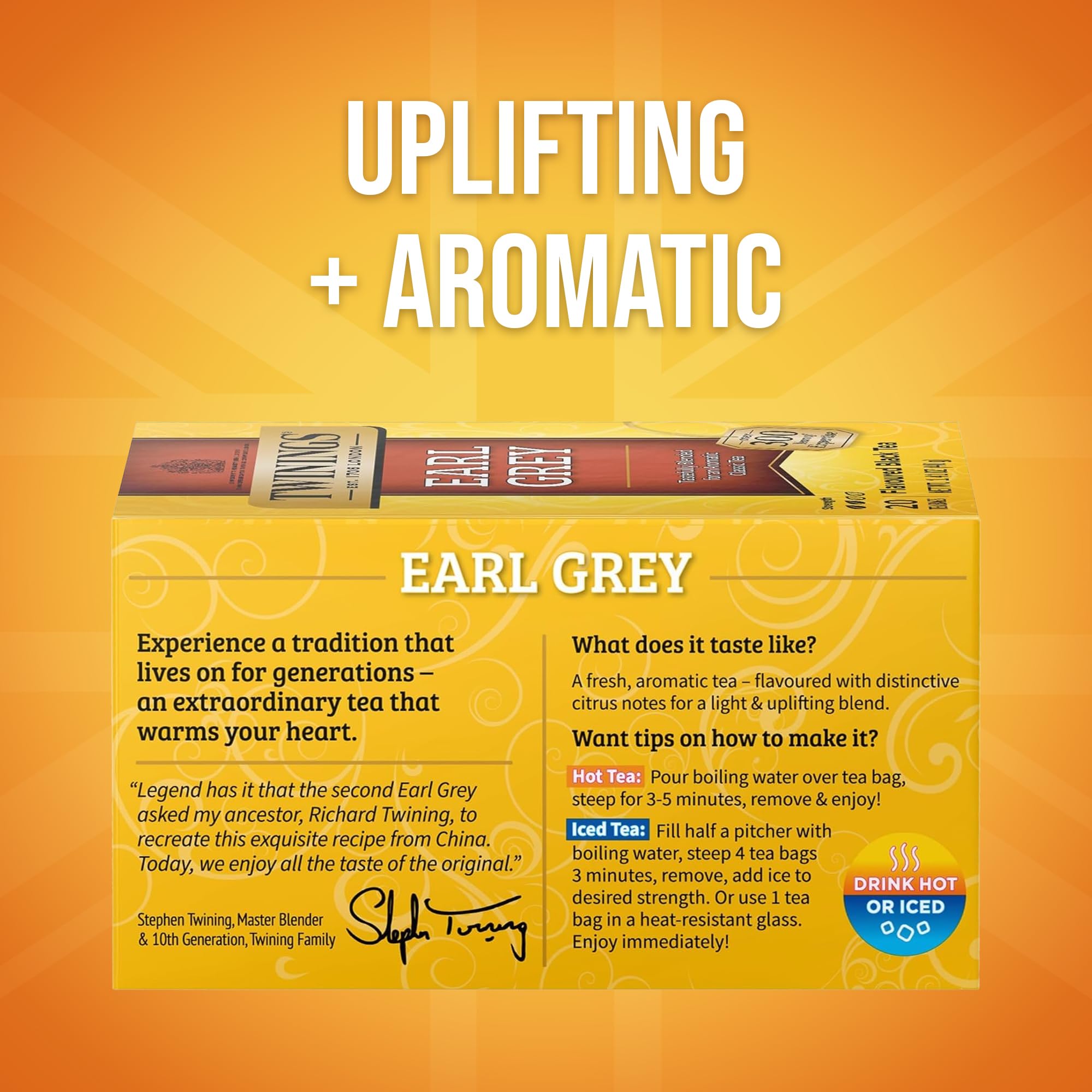Sealed Earl Grey tea bags from Twinings ensure freshness for travel.