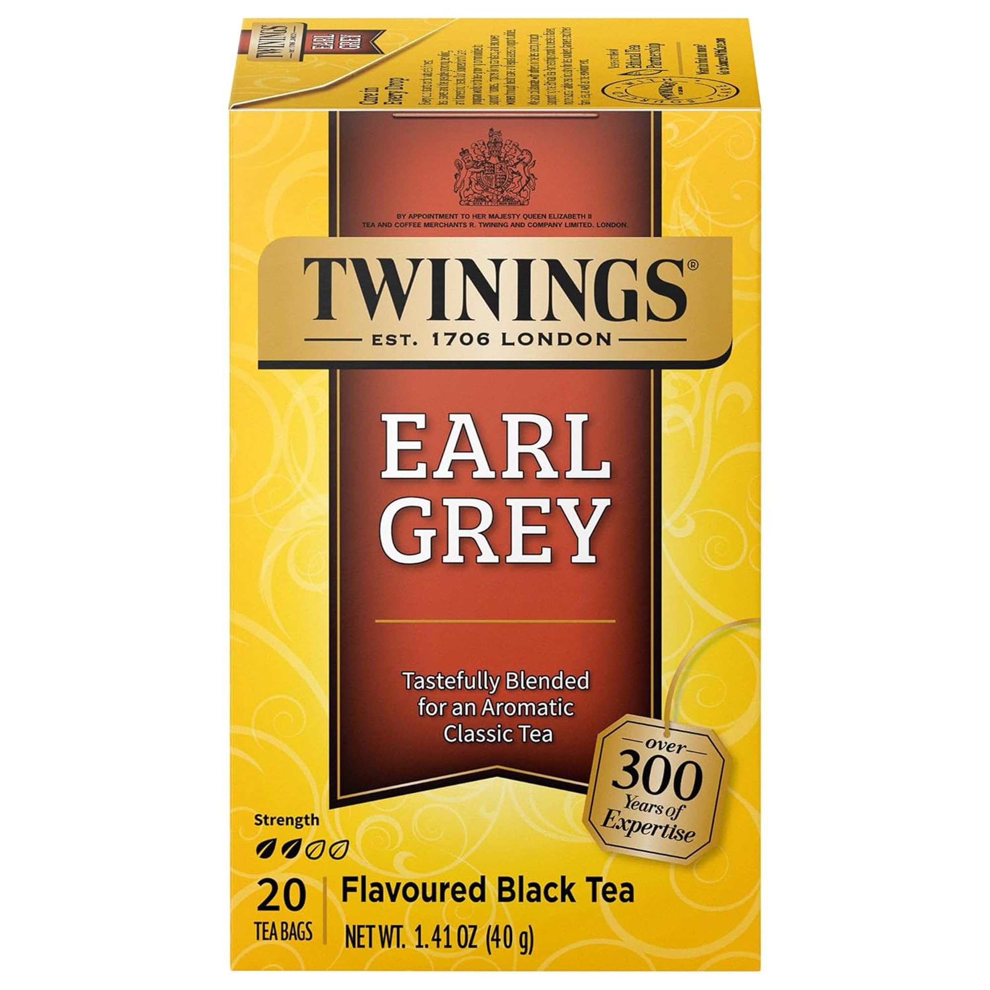 Twinings Earl Grey tea box with 20 individually wrapped bags for convenient use.