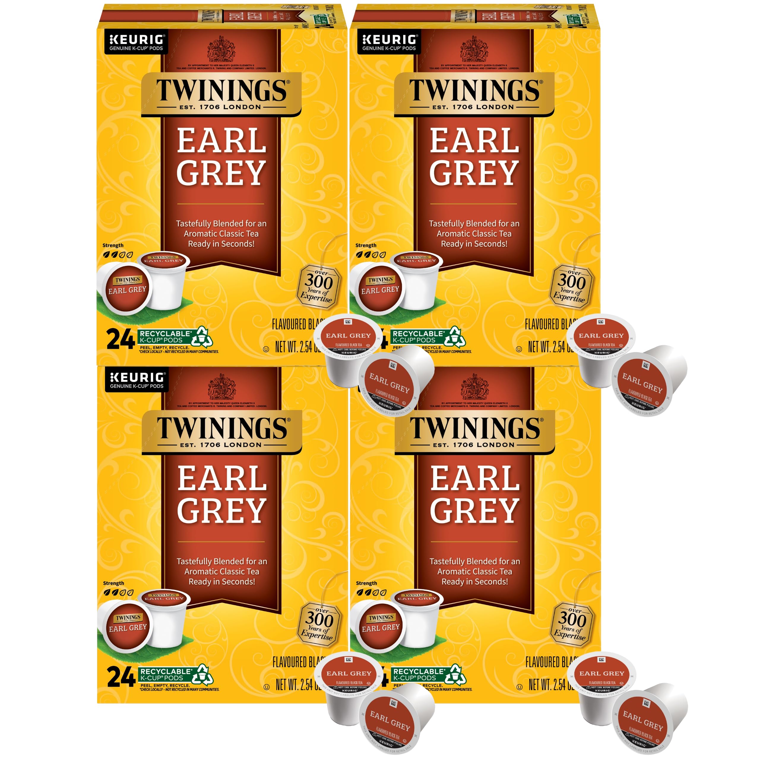 Twinings Earl Grey K-Cups four-box packaging for convenient brewing.