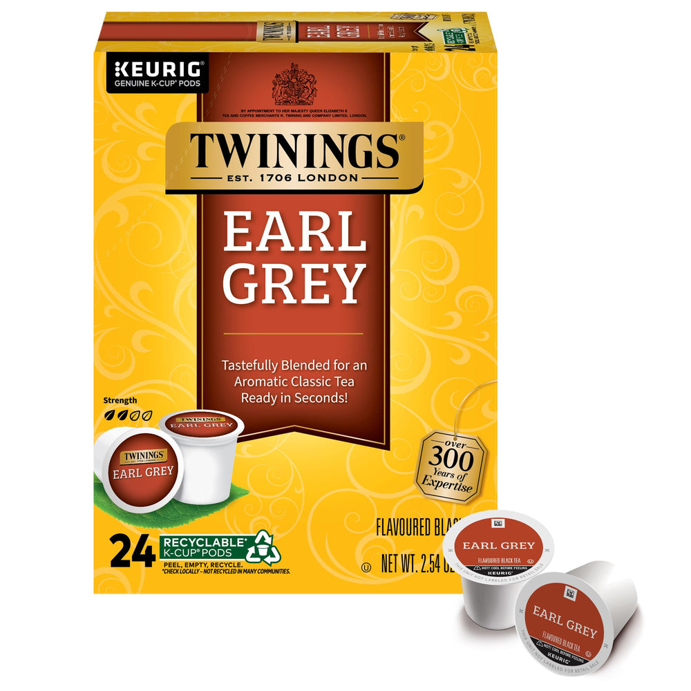 Twinings Earl Grey K-Cup Pods 24-pack for quick, flavorful mornings.