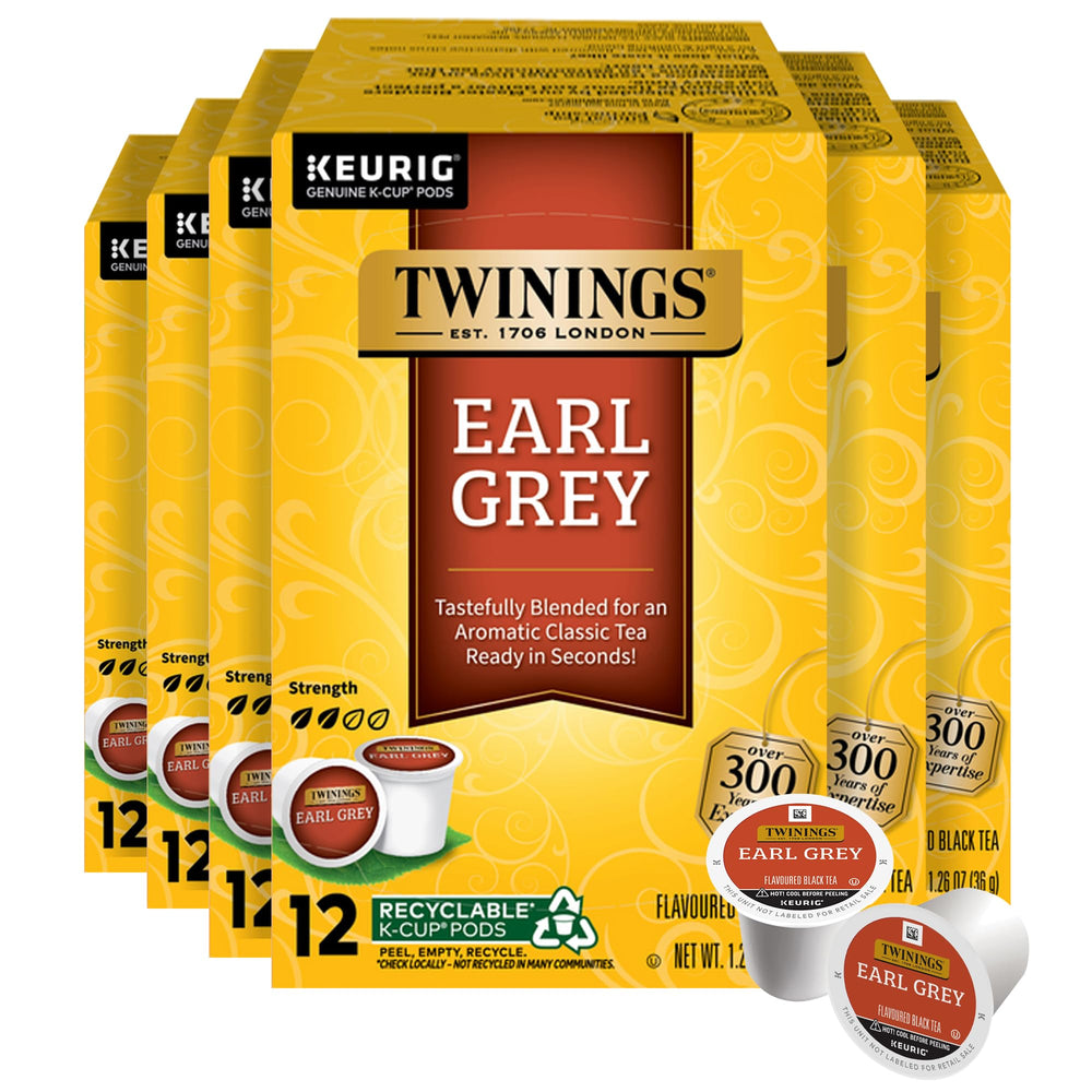Twinings Earl Grey tea pods close-up highlighting citrus bergamot aroma for a premium Keurig experience.