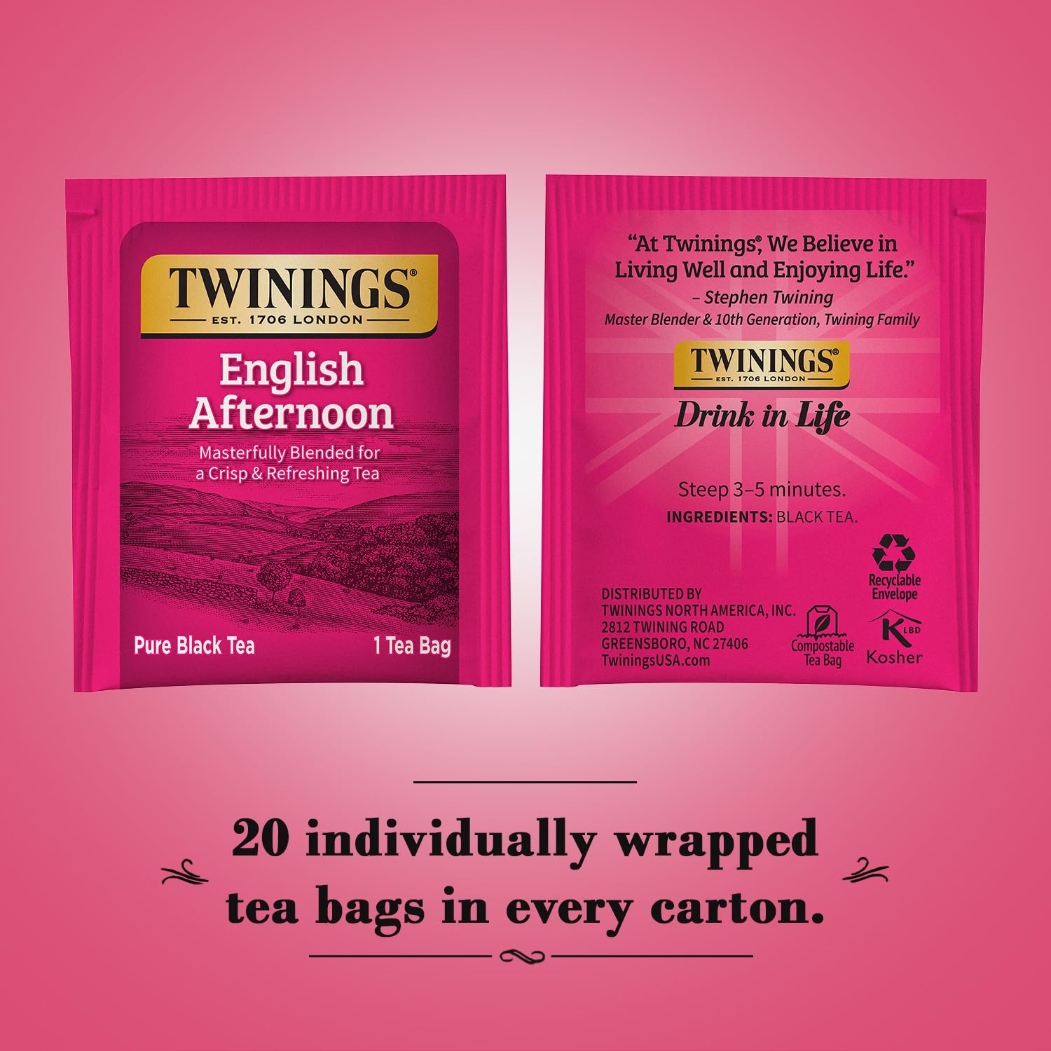 Twinings English Afternoon Tea bags closeup showing premium leaves for a smooth cup.