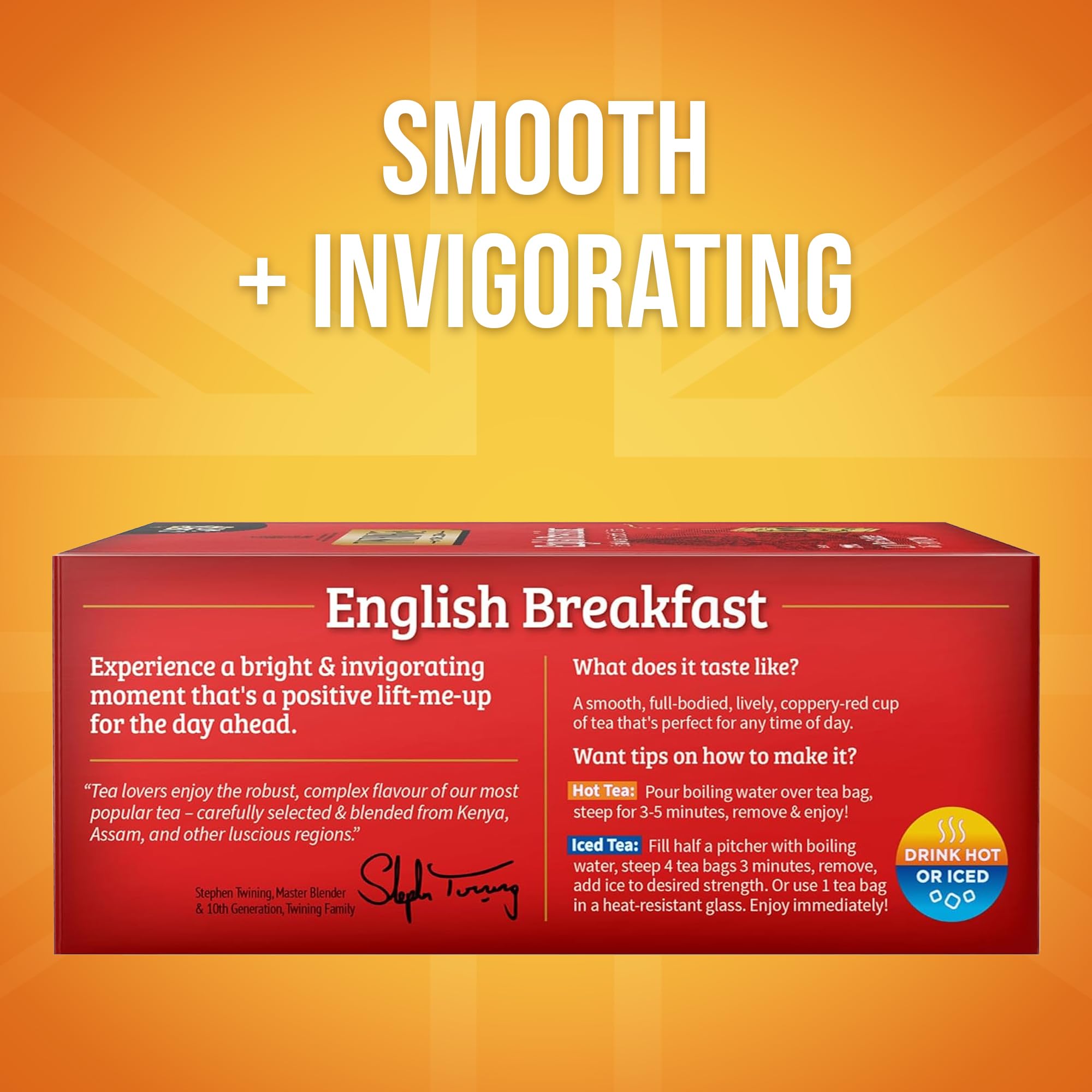 Twinings English Breakfast cup pouring steam with a smooth, robust flavor