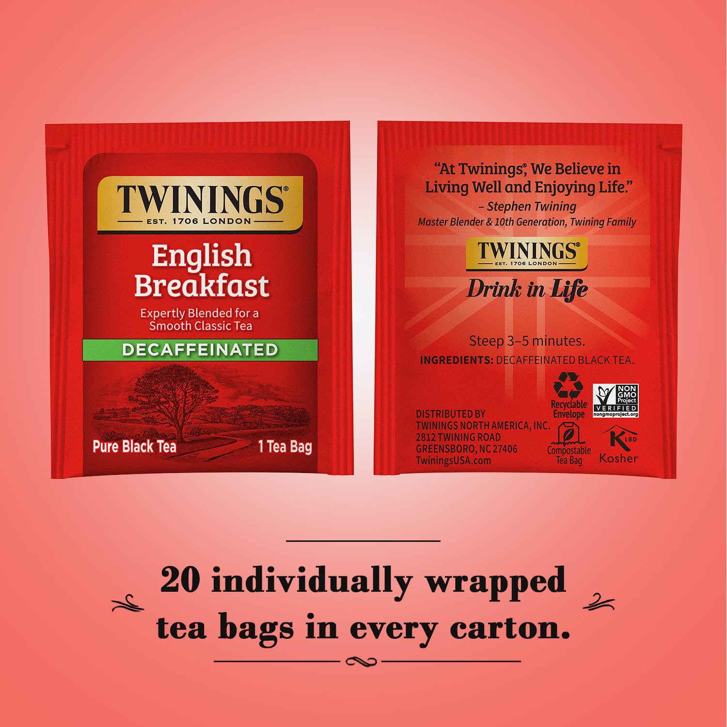 Twinings English Breakfast Decaf tea bags closeup showing quality leaves.