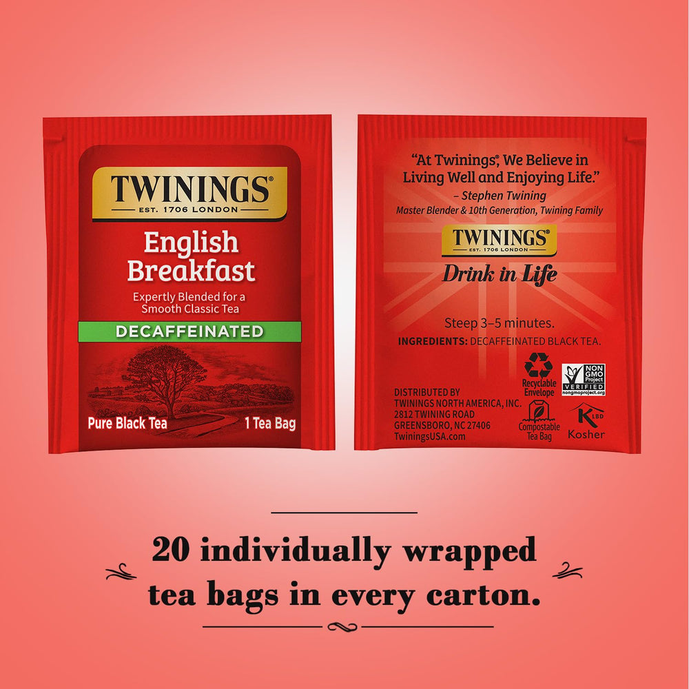 Twinings English Breakfast Decaf tea bags closeup showing quality leaves.