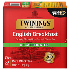 Twinings English Breakfast Decaf tea bags packaging for easy daily freshness.