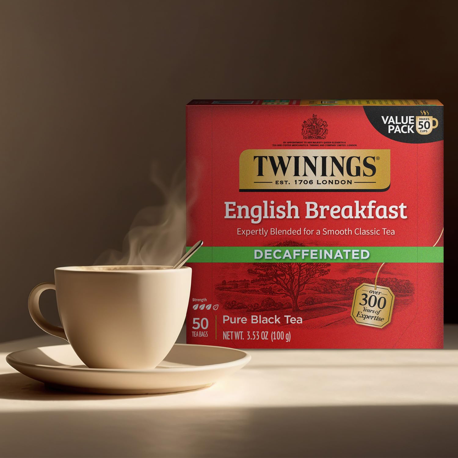 Twinings English Breakfast Decaf tea boxes on display.