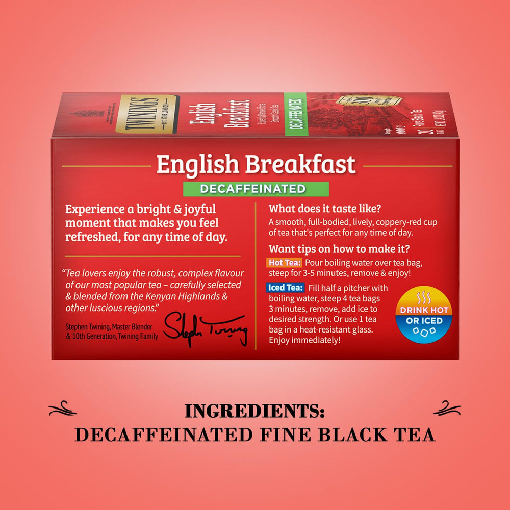 Twinings English Breakfast Decaf tea cup ready for a lively moment.