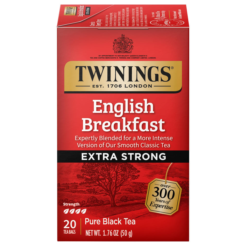 Twinings English Breakfast Extra Strong tea bags in steam-ready presentation for brisk mornings