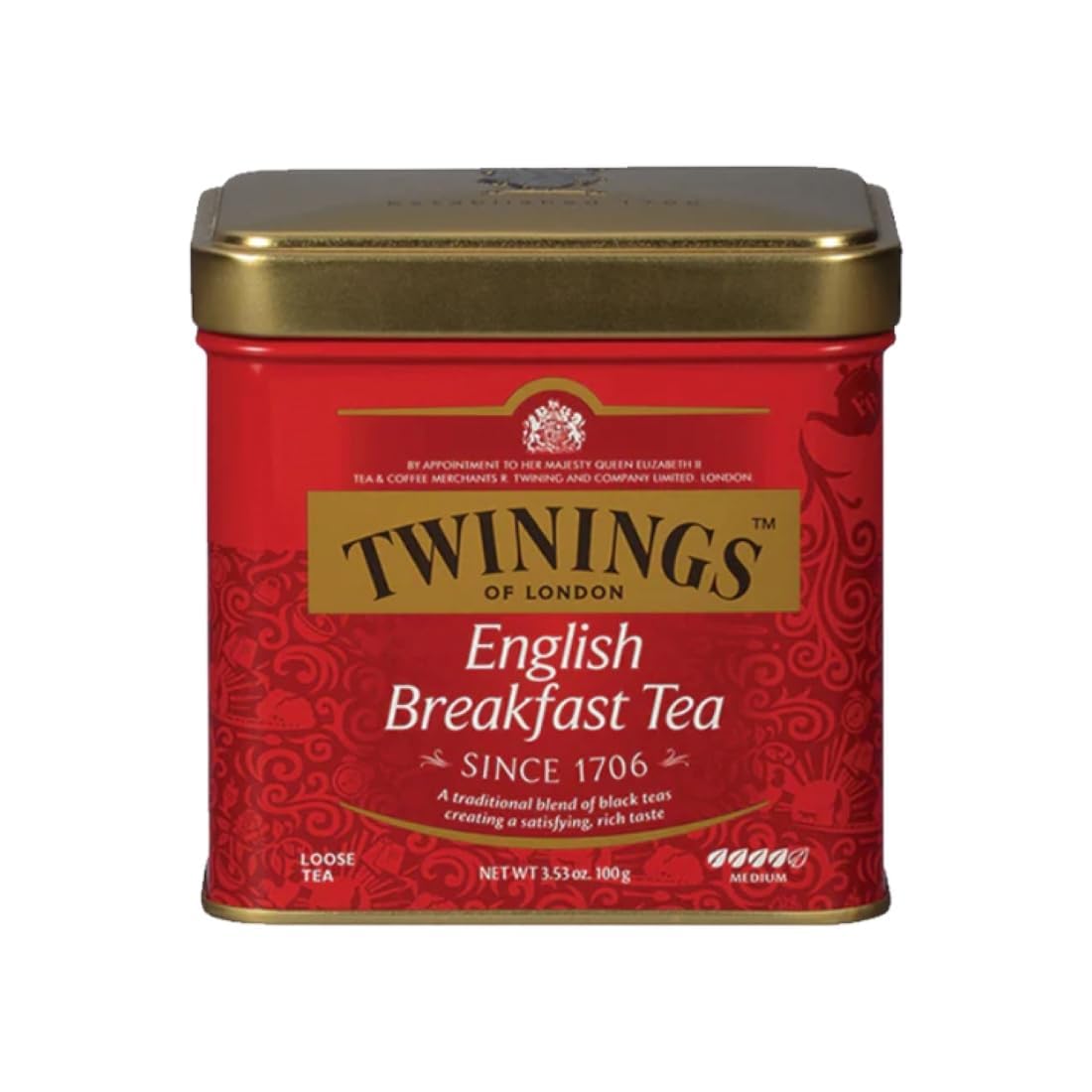 Twinings English Breakfast loose tea in a keepsake tin ready to brew.
