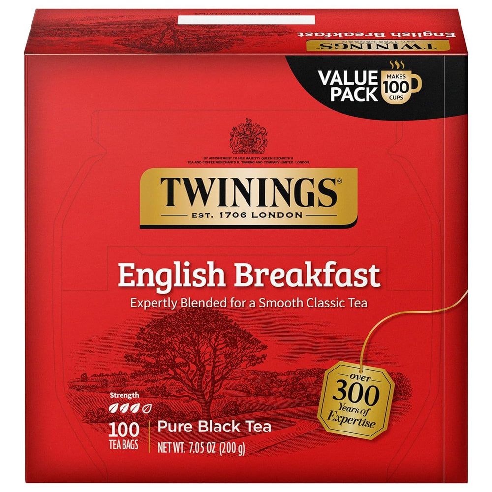 Twinings English Breakfast tea bags shown individually wrapped for freshness on the go