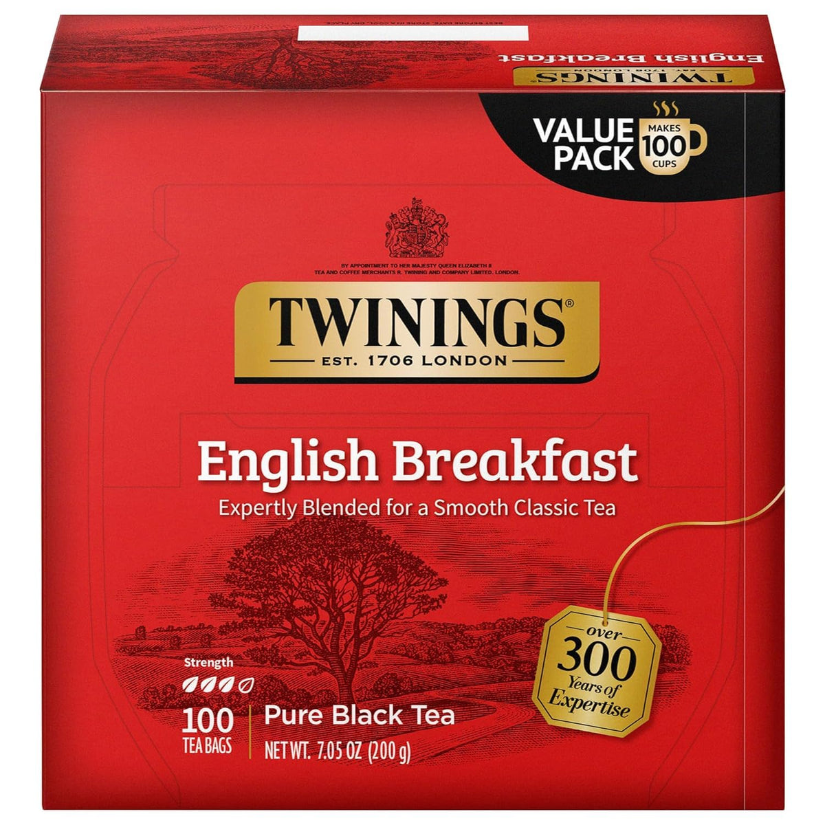 Twinings English Breakfast tea bags shown individually wrapped for freshness on the go