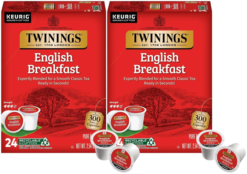 Twinings English Breakfast K-Cup pods in a two-box pack for convenient, everyday energy.