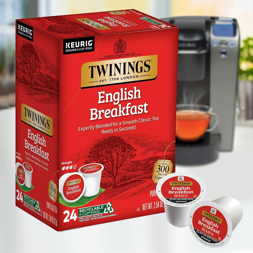 Twinings English Breakfast packaging close-up highlighting responsible sourcing and quality.