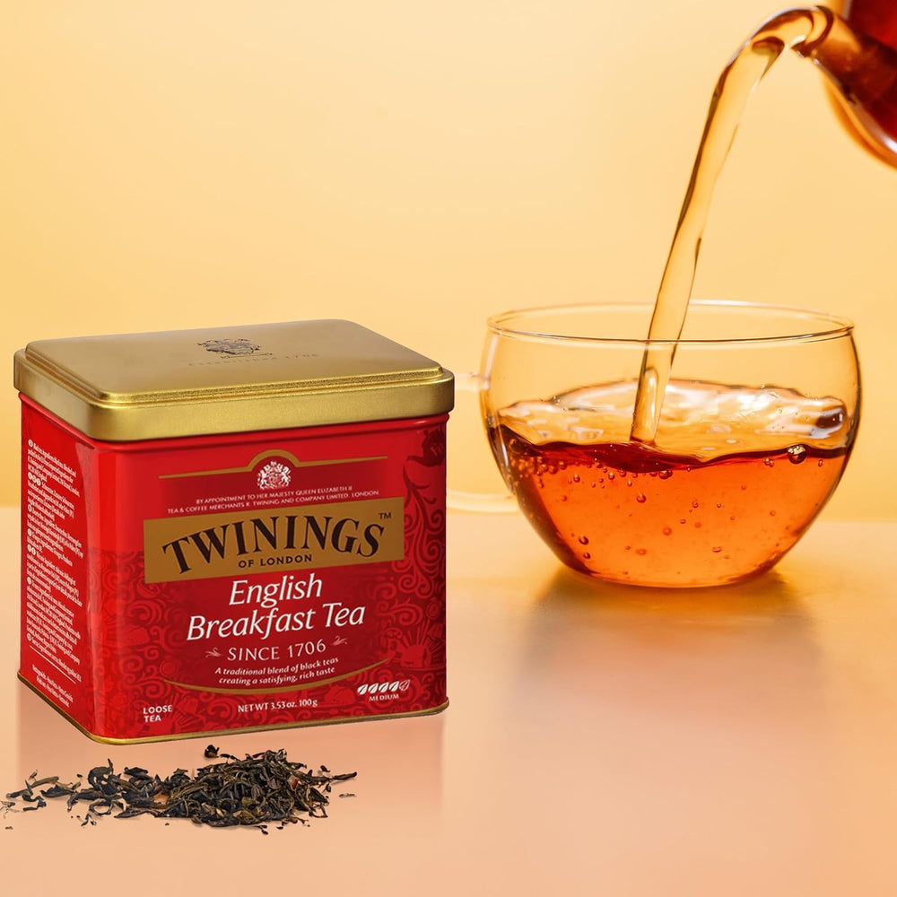 Close-up view of Twinings English Breakfast tea leaves showing rich aroma.