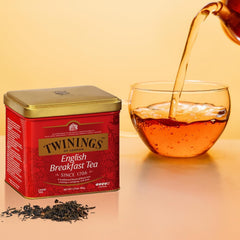 Close-up view of Twinings English Breakfast tea leaves showing rich aroma.