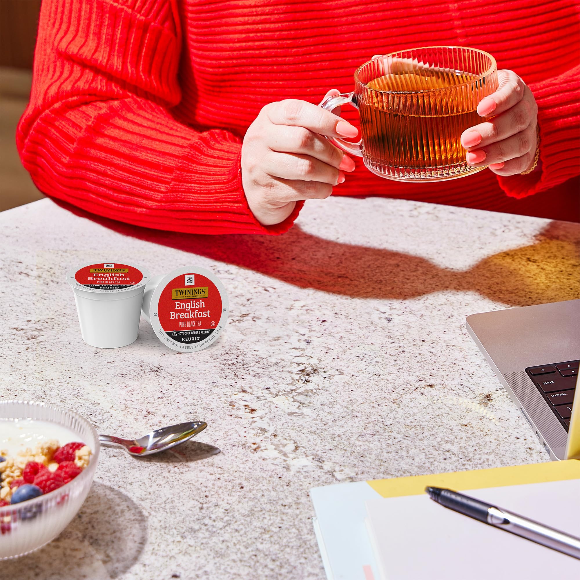 Twinings English Breakfast pods brew in a Keurig for a robust morning cup.