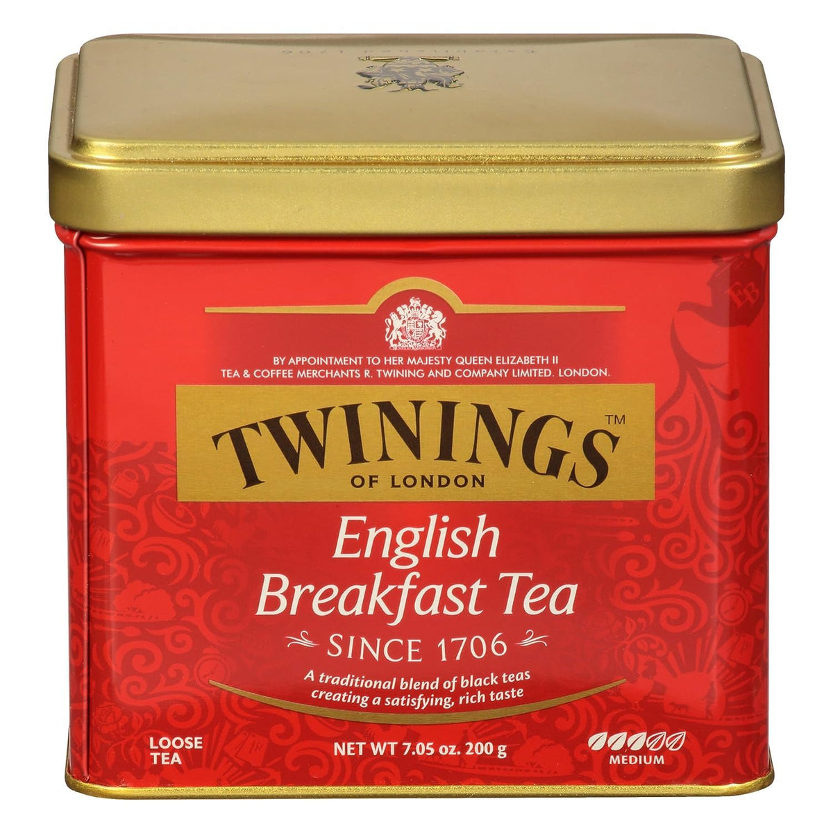 Twinings English Breakfast tea tin showing premium blend in a metal tin for freshness