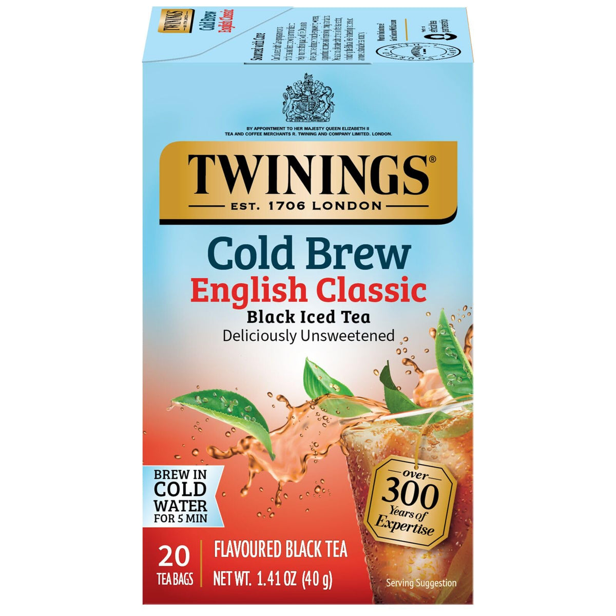 Twinings English Classic Cold Brew tea bags close-up, delivering robust iced tea flavor.