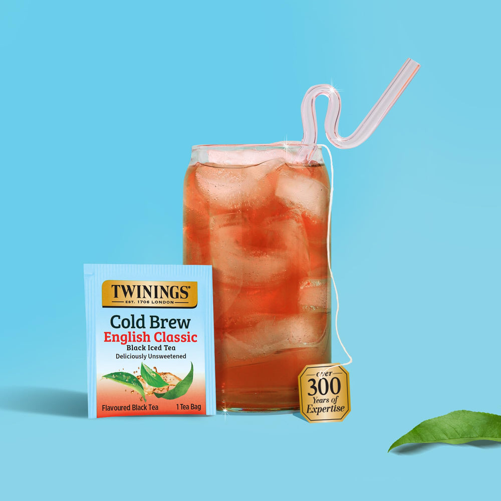 Tea bags steeping in a glass of iced tea by Twinings English Classic Cold Brew