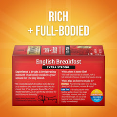 Twinings Extra Strong English Breakfast tea packs six-count box for quick brewing.