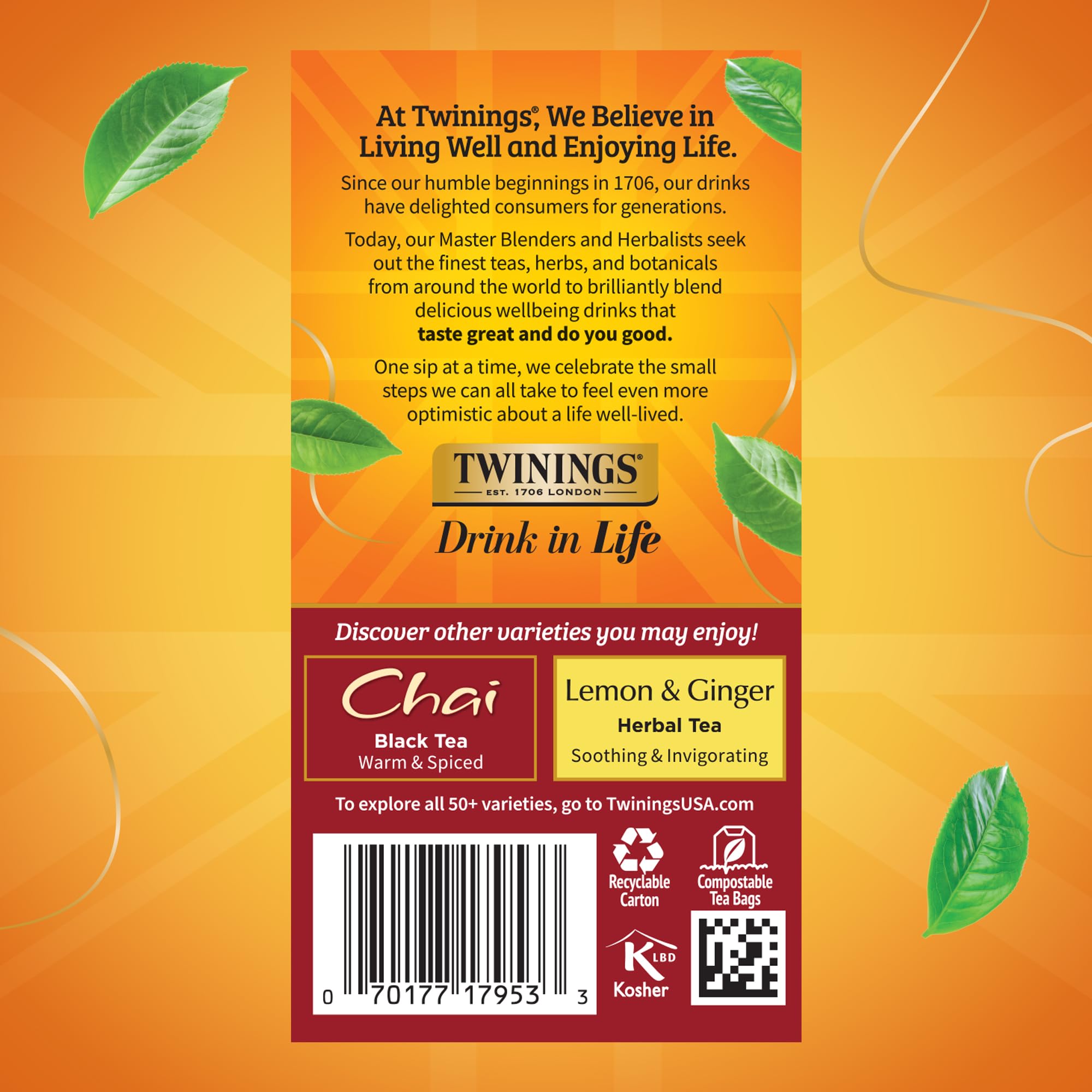 Aromatic spice blend note of cinnamon, cardamom, and ginger in Twinings chai.