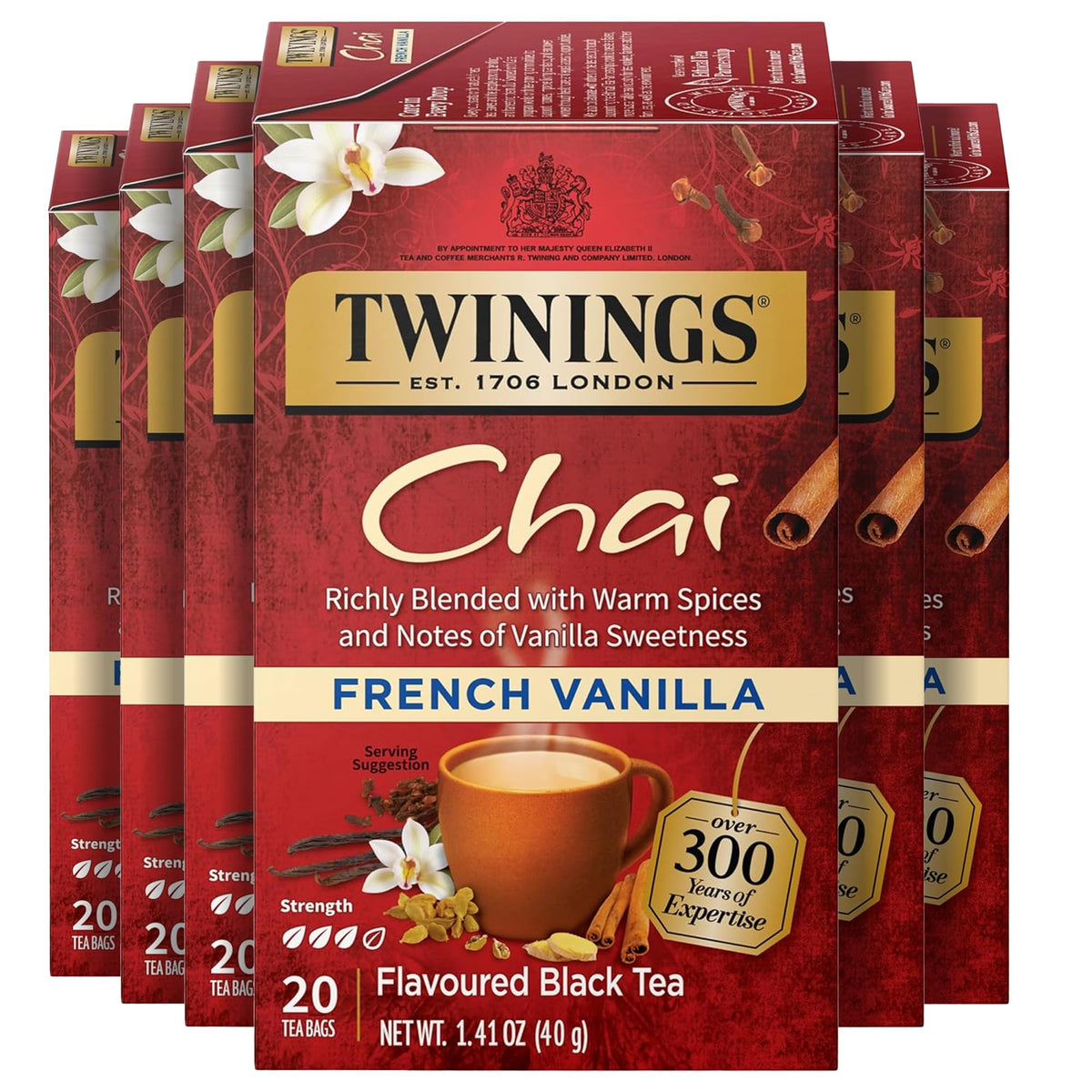 Twinings French Vanilla Chai tea bags in a 6-pack for freshness and on-the-go brewing.